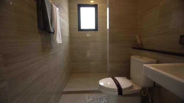 Clean and Nice Beige Tile Wall Bathroom, Walkthrough