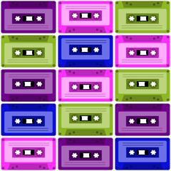 Retro cassette tape seamless pattern.