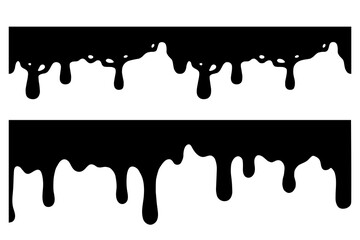 Black Melting Paint Abstract Liquid Vector Elements Isolated on White Background. Set melting drops, milk, liquid caramel, honey and chocolate. Vector