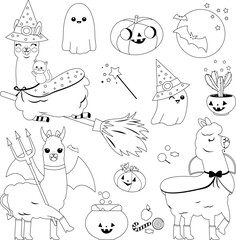 Collection of cute llamas in Halloween costumes, treats, candy and other Halloween objects. Vector black and white coloring page.