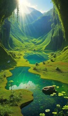 forest with lake, sun rays through the forest, forest with lake scene, sun rays on the lake, tropical forest with small lake - obrazy, fototapety, plakaty