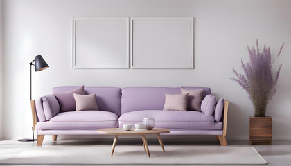 Modern living room simple interior design with pastel purple fabric sofa and cushions and blank poster frame