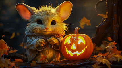 halloween pumpkin  with cute mouse in the forest - obrazy, fototapety, plakaty