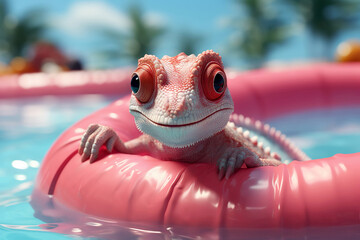 Pink chameleon in swimming pool floating on the inflatable toy ring. Summer vacation concept. Generated AI.