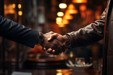 Businessmen in jackets are greeted by two hands close together