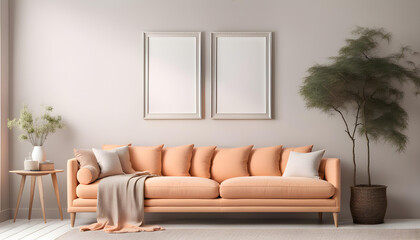 Modern living room simple interior design with pastel orange fabric sofa and cushions and blank poster frame