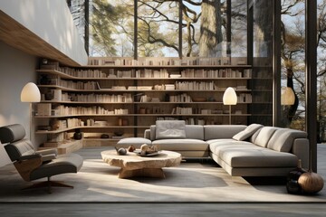 modern luxury library with light natural materials