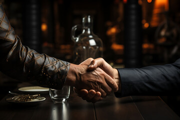 Businessmen in jackets are greeted by two hands close together