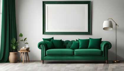 Simple interior design of a modern living room with pastel green fabric sofa and cushions and blank poster frame