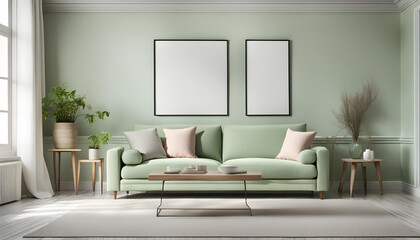 Fototapeta na wymiar Simple interior design of a modern living room with pastel green fabric sofa and cushions and blank poster frame