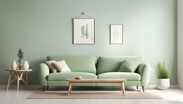 Simple interior design of a modern living room with pastel green fabric sofa and cushions and poster frame