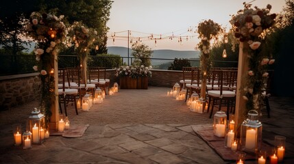 Cozy vintage boho style wedding ceremony setup in a tuscany mansion