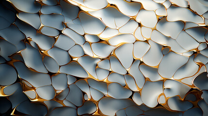 Fototapeta premium Wallpaper mosaic of white painted metal and golden stripe decor, the form of white futuristic relief modules with golden scuffs 