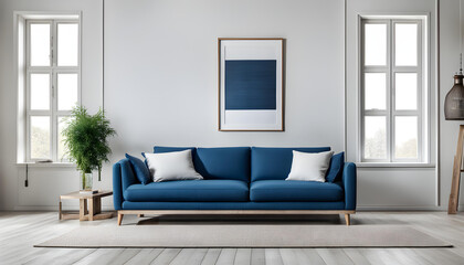 Simple interior design of a modern living room with pastel blue fabric sofa and cushions and poster frame.
