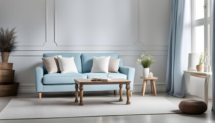 Simple interior design of a modern living room with pastel blue fabric sofa and cushions.