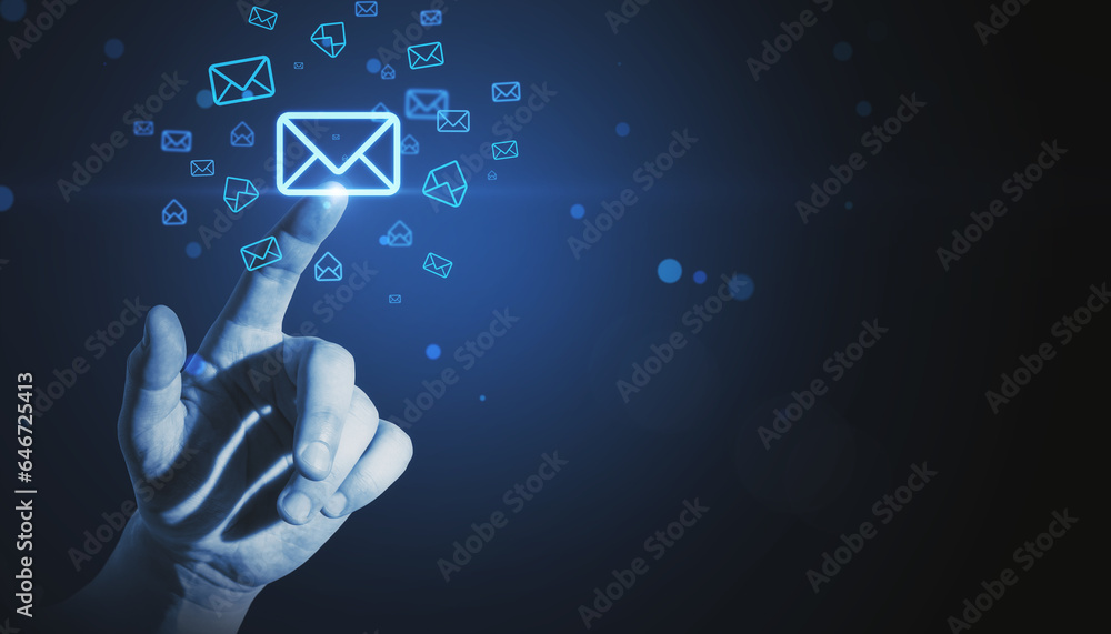 Poster close up of man hand pointing at glowing email letter icons on dark blue background with mock up pla