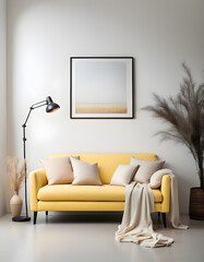 Simple interior design of a modern living room with pastel yellow fabric sofa and cushions and poster frame.