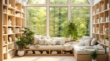 Inneneinrichtung in einem modernem Haus mit grossen Fenstern. Generiert mit KI