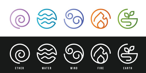 The Five elements of Ayurveda collection with ether water wind fire and earth Modern line circle icon sign style vector design - 646725454