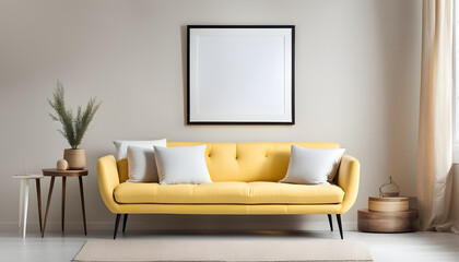 Simple interior design of a modern living room with a pastel yellow fabric sofa and cushions and a blank poster frame.