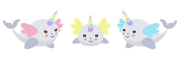 Happy unicorn whale family with mum, dad and baby

