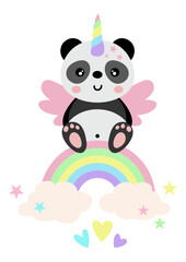 Funny unicorn panda on magic rainbow