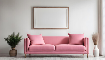 Fototapeta na wymiar Simple interior design of a modern living room with a pastel pink fabric sofa and cushions and a blank poster frame.