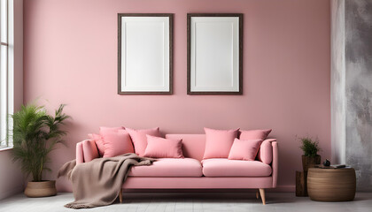 Simple interior design of a modern living room with a pastel pink fabric sofa and cushions and a blank poster frame.