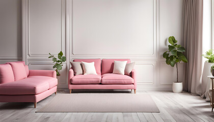 Simple interior design of a modern living room with pastel pink fabric sofa and cushions.