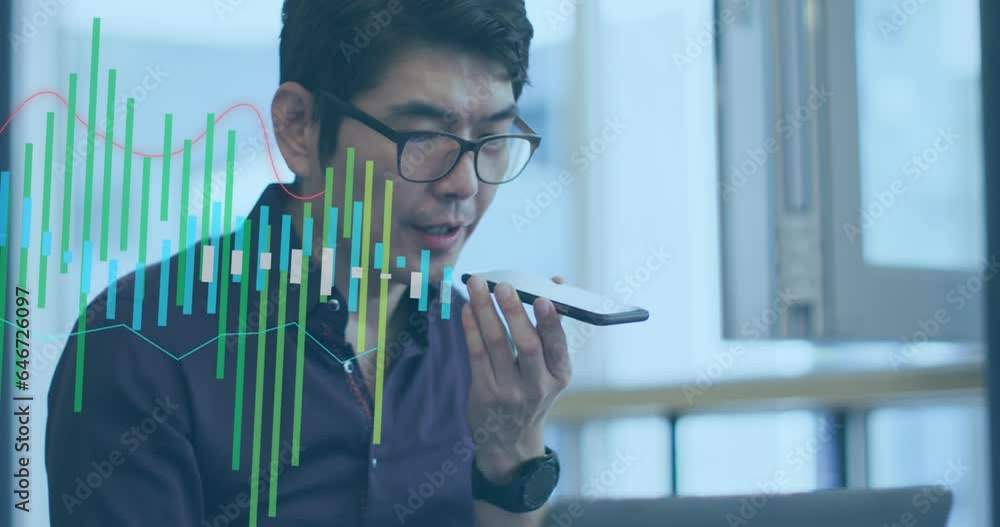 Poster animation of statistical data processing against asian man talking on smartphone at office