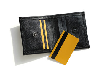 gold credit bank card and leather black wallet isolated on white background
