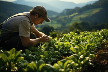 Agricultural Farmer Tending Crops: A farmer in a sun-drenched field carefully tends to rows of vibrant green crops.Generated with AI