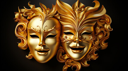 Comedy and tragedy Golden theatrical masks  - obrazy, fototapety, plakaty