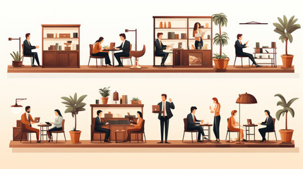 Set of vector illustrations of a lawyer office interior with people sitting at tables and talking.