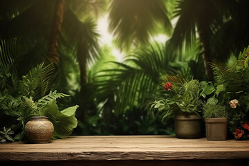 Jungle table background. Interior table for a cosmetic item against the backdrop of tropical plants, palms and jungle