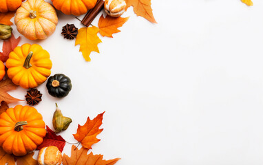 Thanksgiving Banner with ripe pumpkins and fallen leaves, autumn themed decorations on white background, top view with empty space for text