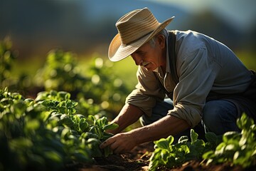 Agricultural Farmer Tending Crops: A farmer in a sun-drenched field carefully tends to rows of vibrant green crops.Generated with AI