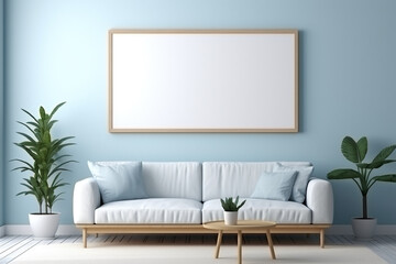 living room with a blank empty painting frame on a wall with a 2 inch frame, colors blue, white, focus on the picture