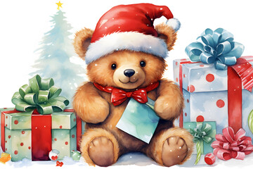 Cute bear with gifts with red hat, gift and christmas tree on white background for merry christmas celebration. Watercolor illustration background