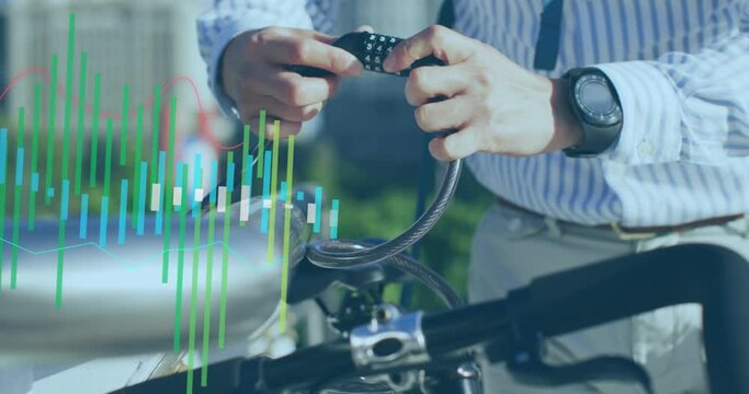 Animation of data processing against mid section of a man locking his bicycle at corporate park