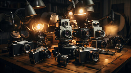 Pile of retro cameras on the table