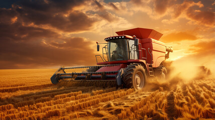 Fototapeta premium combine harvester working in wheat field at sunset.