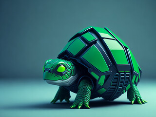 futuristic turtle wearing an green cyberpunk armor