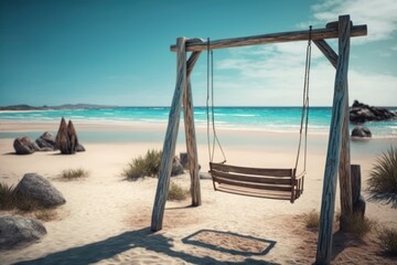 Wooden swing on the beach. Sea and blue sky. Generative Ai