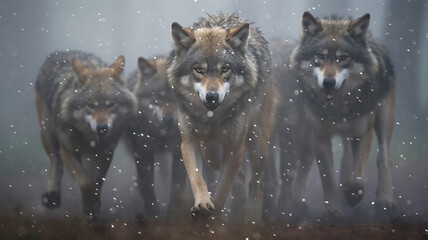 a pack of wolves in a late autumn forest in a snowfall, frontal view of wildlife, predators hunting, fear of attack by wild animals