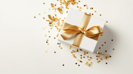 Obraz na płótnie Canvas White gift box tied with gold ribbon star shaped confetti on neutral background. Holiday presents shopping celebration concept