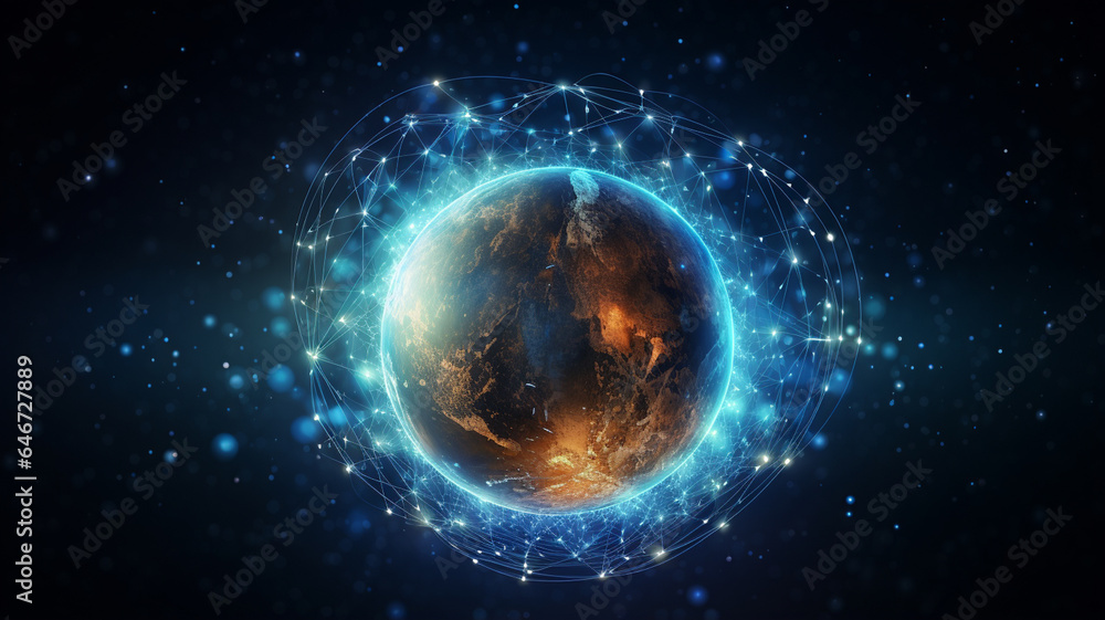 Wall mural earth globe with glowing lines and dots on dark background