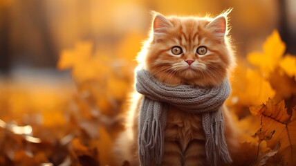 cat in autumn clothes in autumn park leaf fall, change autumn season calendar, joke - obrazy, fototapety, plakaty