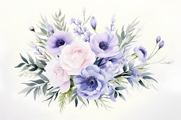 Bouquet of blue and pink anemones, eustoma flowers and green leaves isolated on white background. Hand drawn watercolor illustration.