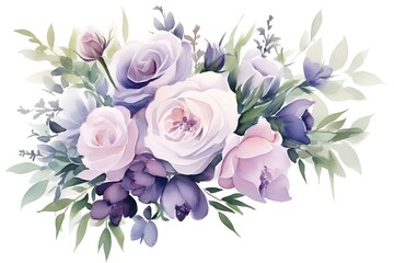 Beautiful watercolor summer bouquet with roses and eustoma. Illustration